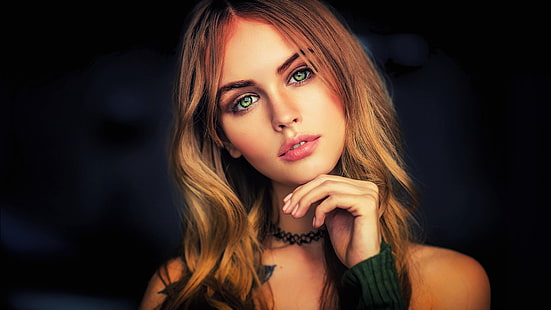 choker hitam, Anastasia Scheglova, berambut cokelat, potret, model, wanita, Ivan Gorokhov, mata hijau, Wallpaper HD HD wallpaper