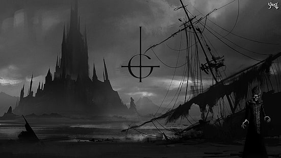 Segelschiff und Berge, Ghost B.C., Schiffswrack, Burg, HD-Hintergrundbild HD wallpaper