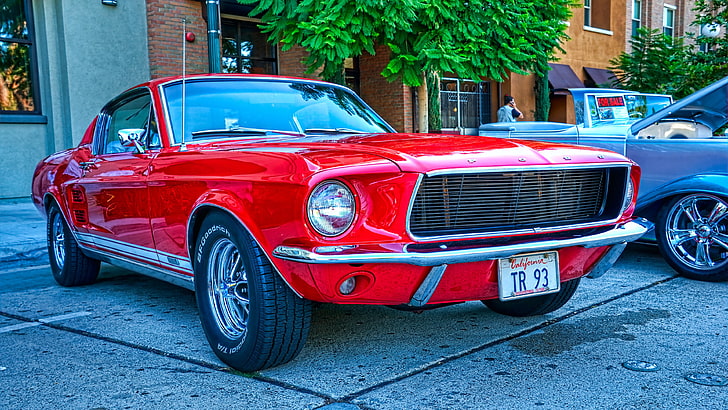red car, classic car, ford mustang, muscle car, vintage car, wheel, first generation ford mustang, ford, HD wallpaper