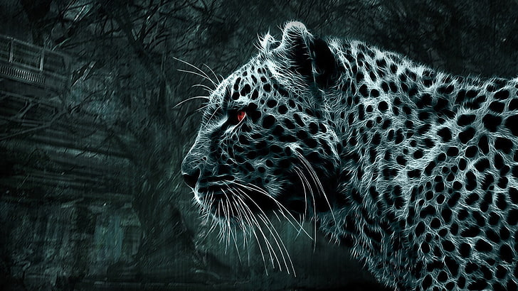 black and white leopard print scarf, animals, digital art, HD wallpaper