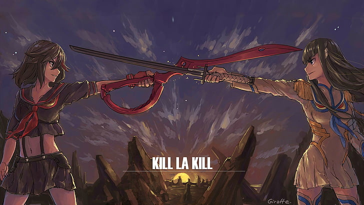 två kvinnliga anime karaktär håller svärd digital tapet, Kill la Kill, anime flickor, svärd, Kiryuin Satsuki, Matoi Ryuuko, HD tapet