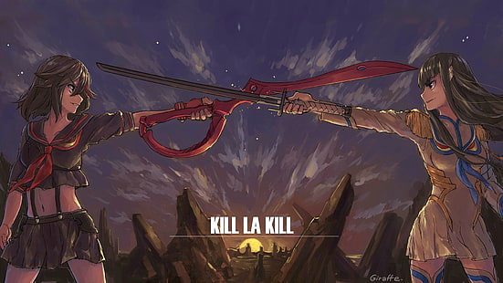 Cyfrowa tapeta z dwiema postaciami z anime trzymającymi miecz, Kill la Kill, anime girls, miecz, Kiryuin Satsuki, Matoi Ryuuko, Tapety HD HD wallpaper