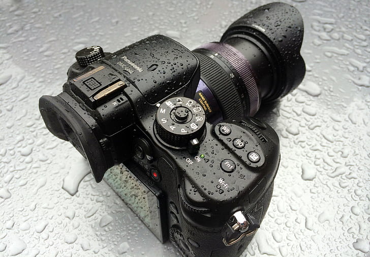câmera DSLR preta Panasonic, Panasonic GH4, tempo úmido, resistente às intempéries, câmera DSLR preta, selada, câmera - equipamento fotográfico, lente - instrumento óptico, câmera sLR, tecnologia, equipamentos, HD papel de parede
