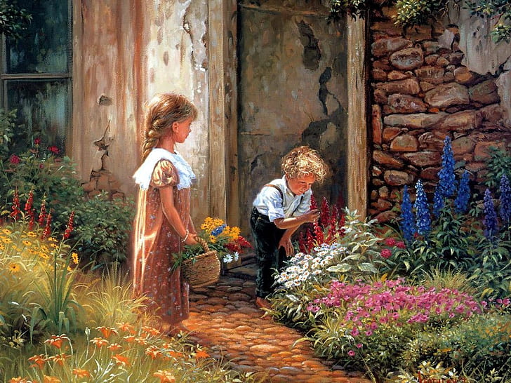 Lihat seni keranjang anak laki-laki bunga gadis lukisan HD, abstrak, bunga, gadis, seni, lukisan, anak laki-laki, keranjang, Wallpaper HD