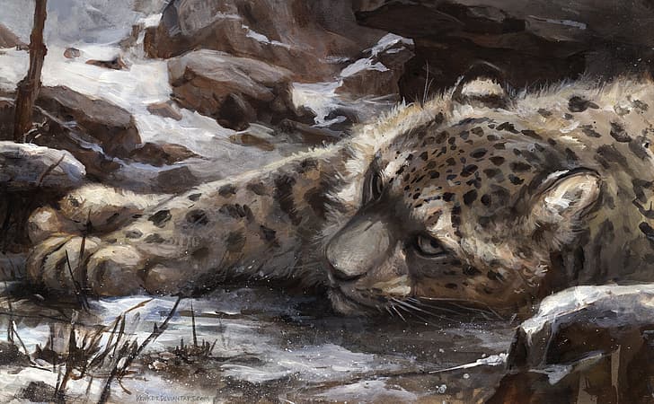 Kenket, snow leopard, snow, rocks, digital painting, feline, HD wallpaper