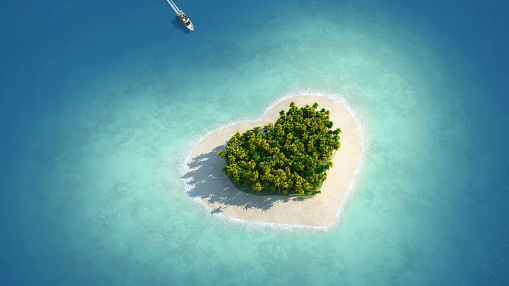 aerial photography of an heart-shaped island surrounded by sea, love image, heart, HD, island, ocean, HD wallpaper