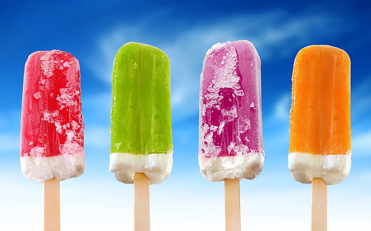 cztery różne aromaty Popsicle, lody, lody, eskimo, wielokolorowe, słodkie, Tapety HD