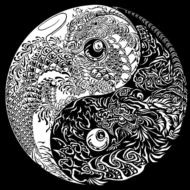 Yin dan Yang, simbol, monokrom, Wallpaper HD