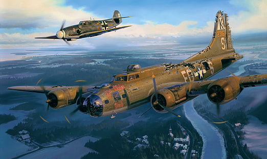 dua ilustrasi pesawat berwarna coklat, perang, seni, pesawat terbang, lukisan, penerbangan, B-17, ww2, BF-109, Wallpaper HD HD wallpaper