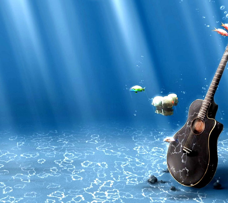 violão, embaixo da agua, peixe, HD papel de parede