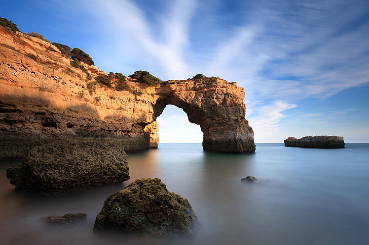 sea, stones, rocks, horizon, arch, calm, Portugal, Faro, HD wallpaper