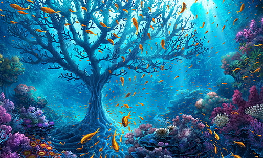 árbol en fondo de pantalla digital subacuático, colorido, fantasía, mar, océano, agua, flores, árbol, armonía, peces de colores, peces, ramas, árbol viejo, vida silvestre, arrecife, vegetación, hana, coral, vida marina, cardumen, agua salada, convivencia armoniosa, Fondo de pantalla HD HD wallpaper