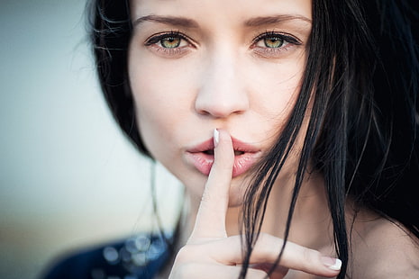 Angelina Petrova, finger on lips, hazel eyes, women, model, face, HD wallpaper HD wallpaper