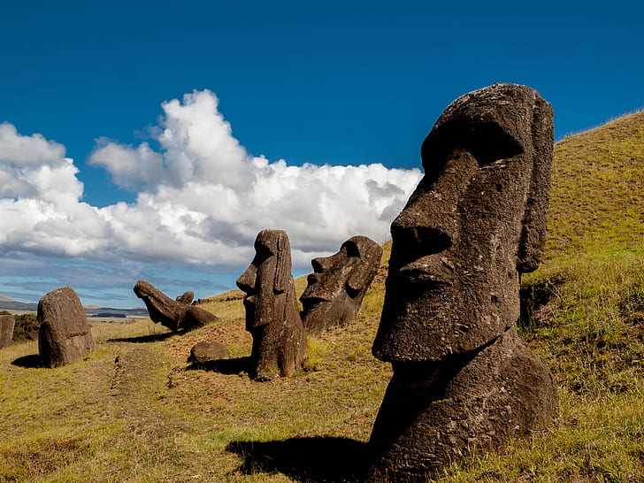 небето, склон, Великденски остров, статуя, Чили, Рапа Нуи, моаи, HD тапет