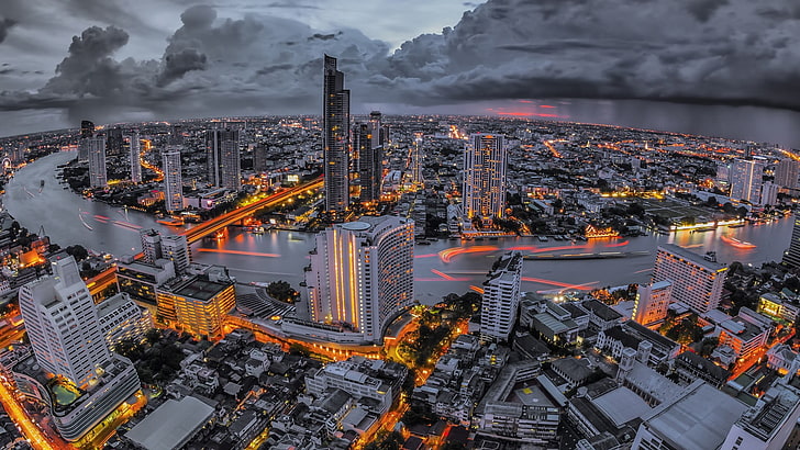stadshorisont, stad, stadsbild, Thailand, Bangkok, stadsljus, flod, moln, skyskrapa, HD tapet