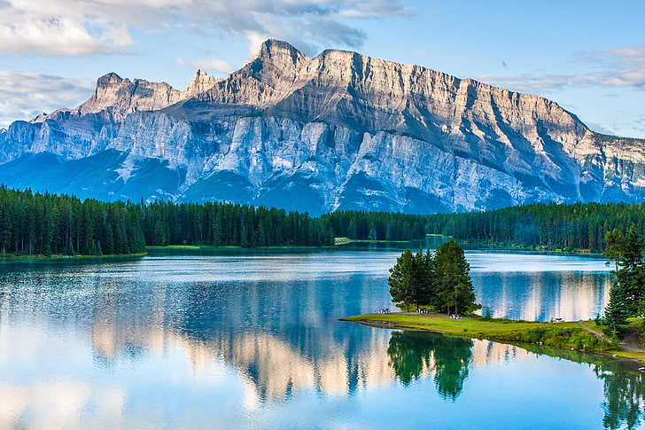 body of water, mountains, nature, lake, water, trees, reflection, blue, green, forest, sky, Banff National Park, HD wallpaper