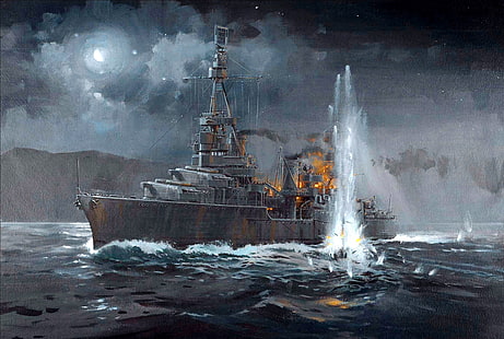 gray cruise ship painting, the explosion, night, fire, figure, art, American, WW2, heavy cruiser 