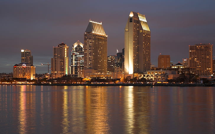 USA, California, San Diego, กลางคืนในเมือง, ตึกระฟ้า, ไฟ, แม่น้ำ, USA, California, San, Diego, City, Night, Skyscrapers, Lights, River, วอลล์เปเปอร์ HD
