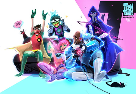 Teen Titans, Beast Boy, ผมสีดำ, ตัวหนา, Cyborg (การ์ตูนดีซี), การ์ตูนดีซี, ตาสีเขียว, ฮูด, ผมสีชมพู, เรเวน (การ์ตูนดีซี), โรบิน (การ์ตูนดีซี), สไมล์, สตาร์ไฟร์ (การ์ตูนดีซี), วอลล์เปเปอร์ HD HD wallpaper