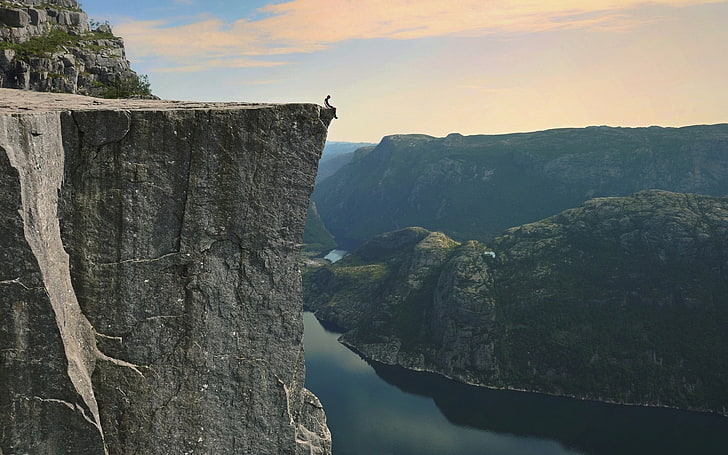 cliff, danger, Fjord, landscape, mountain, nature, Norway, Preikestolen, sitting, summer, water, HD wallpaper