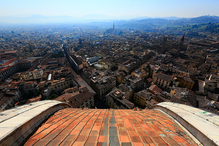 the sky, home, Italy, panorama, Florence, street, quarter, the view from the dome of the Cathedral Santa Maria del Fior, Basilica of Santa Croce, HD wallpaper