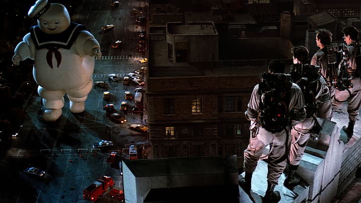 Ghostbusters, movies, film stills, New York City, building, car, Stay Puft Marshmallow Man, street, rooftops, HD wallpaper