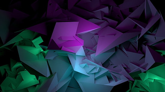 hijau, ungu, ungu, geometris, cahaya, geometri, segitiga, grafik, origami, Wallpaper HD HD wallpaper