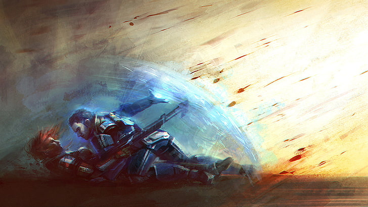 dois homens lutando pintura, Mass Effect, arte conceitual, videogames, HD papel de parede