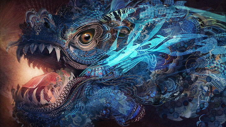 psychedelic, dragon, abstract, trippy, fractal, HD wallpaper