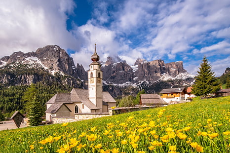  flowers, mountains, village, meadow, Italy, Church, The Dolomites, South Tyrol, Dolomites, Colfosco, Colfosco Village, HD wallpaper HD wallpaper
