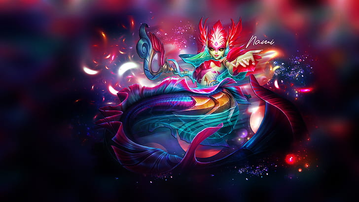 League of Legends, nami (League of Legends), gry na PC, fantasy girl, kolorowe, Tapety HD
