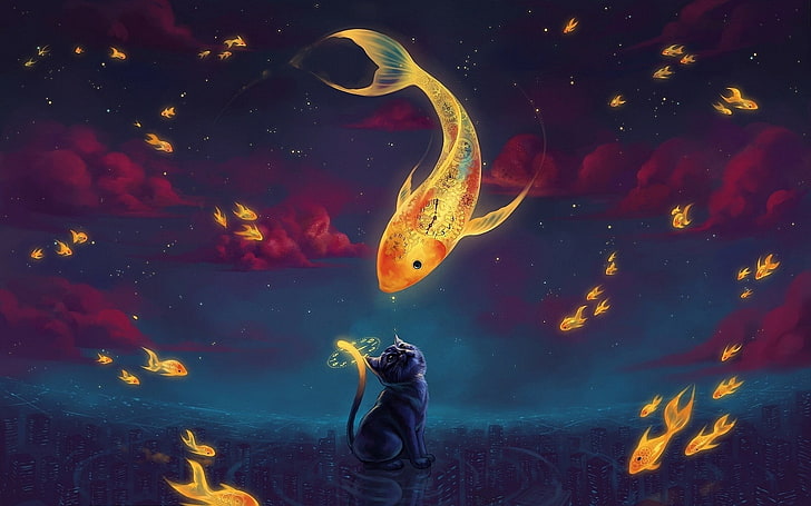 czarny kot otoczony żółtą rybą tapeta, zwierzęta, surrealistyczne, rysunek, sztuka cyfrowa, Tapety HD