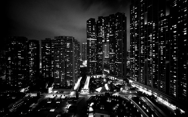 city buildings, photography, urban, building, monochrome, night, lights, city, street, HD wallpaper