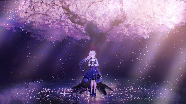 Genshin Impact, Kamisato Ayaka (Genshin Impact), fleur de cerisier, Fond d'écran HD