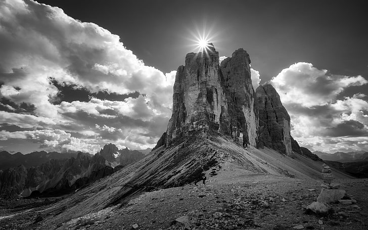 landscape, nature, summer, mountains, monochrome, clouds, sun rays, Alps, Italy, HD wallpaper