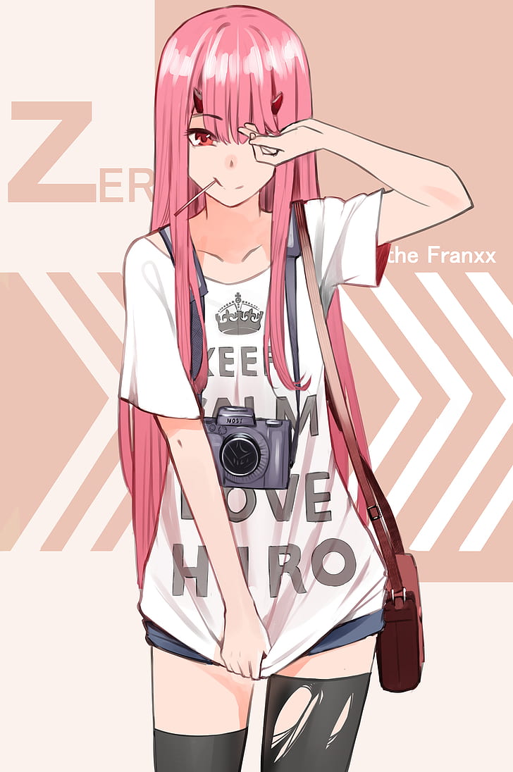 FranXX의 달링, 애니메이션 소녀, 핑크 머리카락, 웃는 얼굴, 빨간 눈, Zero Two (Darling in the FranXX), 카메라, HD 배경 화면, 핸드폰 배경화면