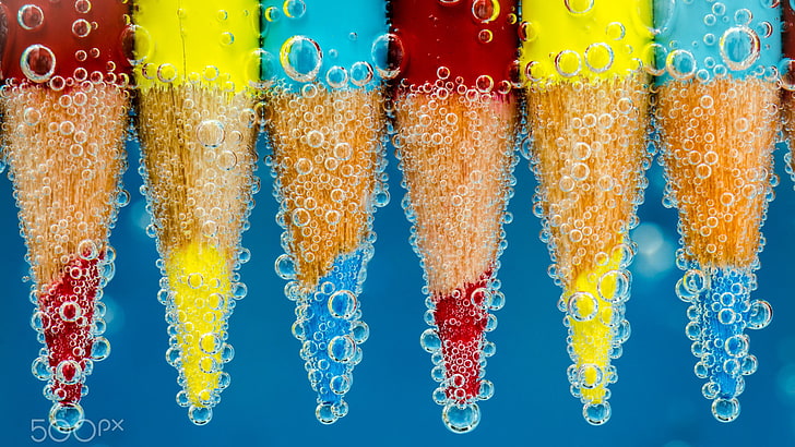 цветной карандаш, разноцветный, карандаши, вода, 500px, HD обои