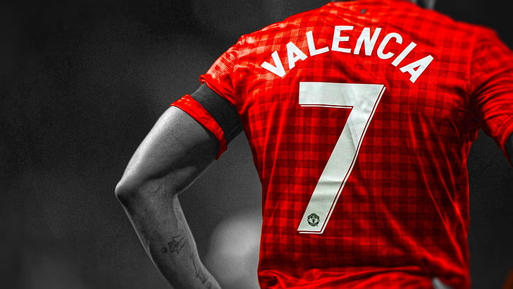 kırmızı ve beyaz Nike forması, Manchester United, Antonio Valencia, erkekler, seçici boyama, HD masaüstü duvar kağıdı