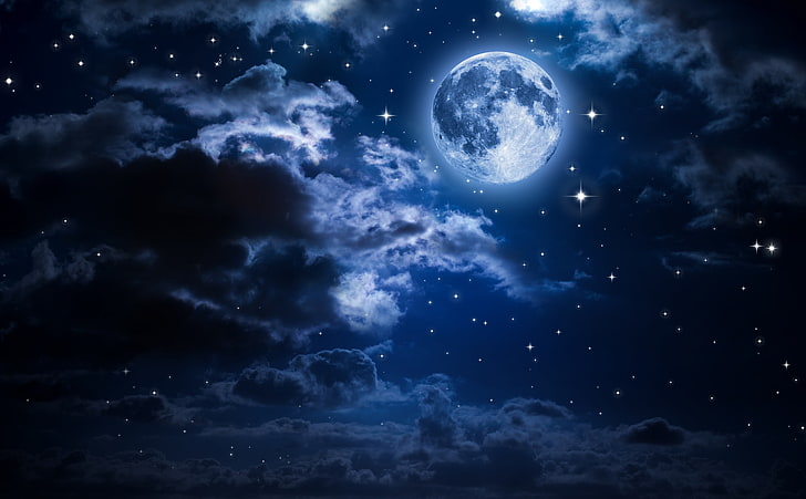 Schöner Mond im Himmel, digitale Tapete des blauen Mondes, Raum, Mond, Blau, schön, Nacht, Sterne, Wolken, HD-Hintergrundbild