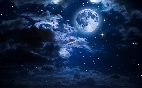 Beautiful Moon in the Sky, blue moon digital wallpaper, Space, Moon, Blue, Beautiful, Night, Stars, Clouds, HD wallpaper HD wallpaper