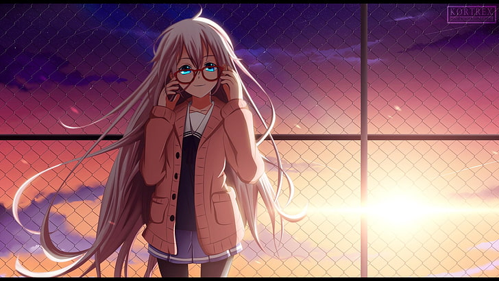 female anime character in beige jacket wallpaper, glasses, long hair, blue eyes, anime girls, IA (Vocaloid), Kyoukai no Kanata, crossover, Vocaloid, HD wallpaper