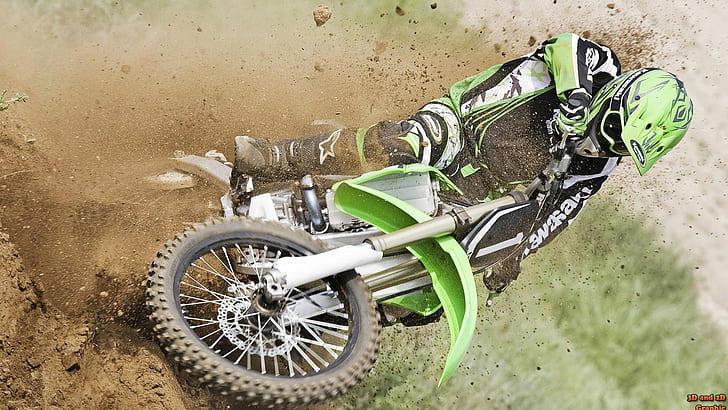 Motocross HD, grüner und schwarzer Rennanzug der Person und grünes Motocross-Dirtbike, Sport, Motocross, HD-Hintergrundbild