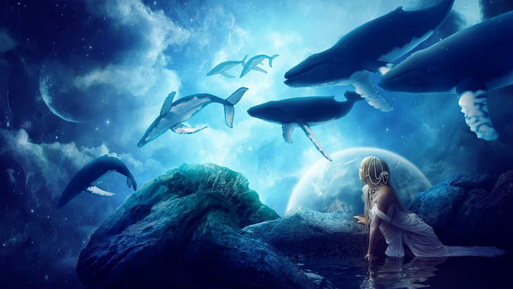 baleine, animaux, bleu, œuvres d'art, planète, réflexion, art fantastique, eau, nuages, Fond d'écran HD