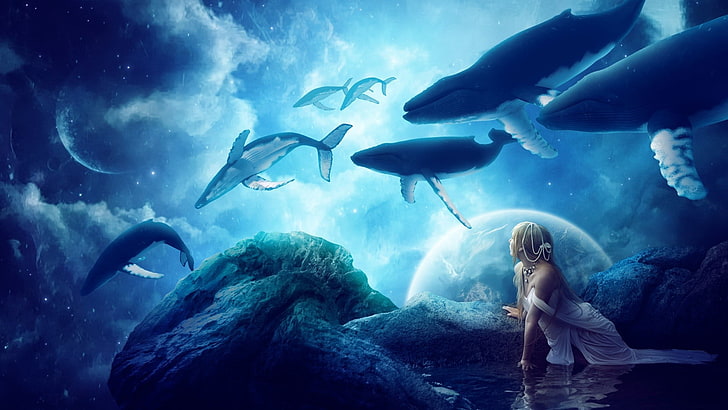 mujer mirando ballenas pintura, ballena, arte de fantasía, planeta, arte, nubes, agua, reflejo, azul, animales, Fondo de pantalla HD