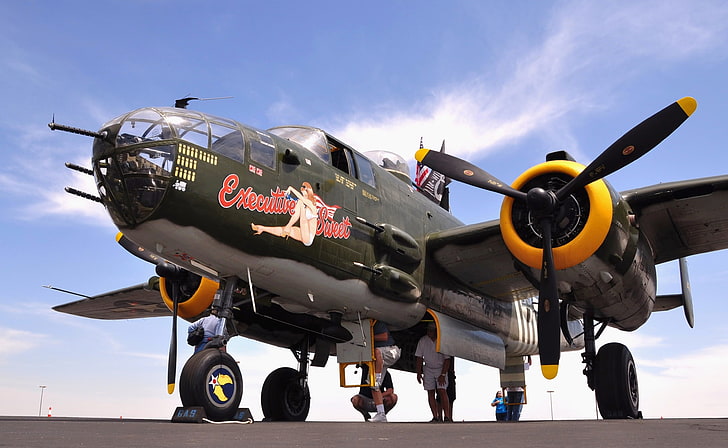 green and black propeller plane, World War II, military aircraft, aircraft, Mitchell, B-25, military, vehicle, HD wallpaper
