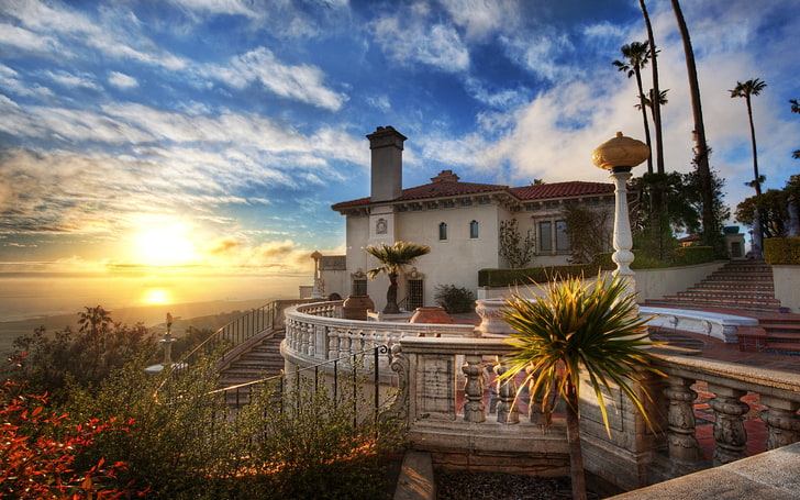 white and brown house, clouds, house, the ocean, Sunset, Hearst Castle, HD wallpaper