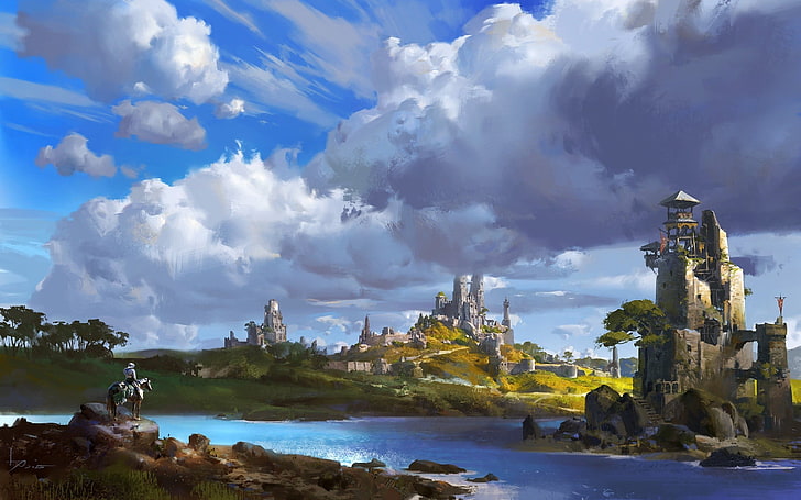 graue konkrete Schlossmalerei, Grafik, Konzeptkunst, Gebäude, Schloss, Fluss, Wolken, Landschaft, Ritter, Wasser, HD-Hintergrundbild