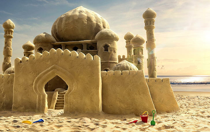 S Castles, beach, castle, sand, cute, buckets, shovel, taj mahal, 3d and abstract, HD wallpaper