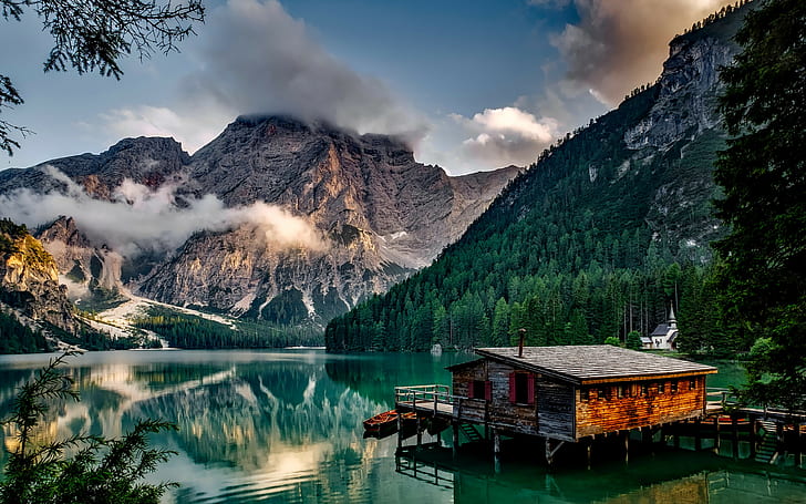 Италия, горные фоны, озеро, здание, горный пейзаж, Скачать 3840x2400 Италия, HD обои
