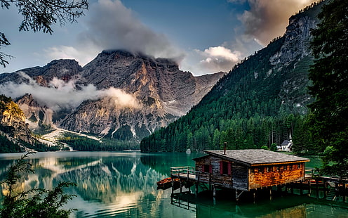 włochy, górskie tła, jezioro, budynek, krajobraz górski, Pobierz 3840x2400 Włochy, Tapety HD HD wallpaper